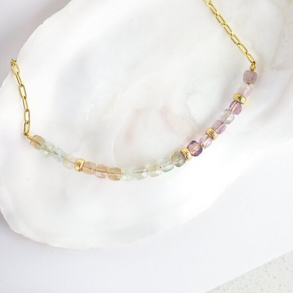 Jewelry - Fluorite Gemstone Necklace Lavender color healing Crystal gift Non-tarnish gold